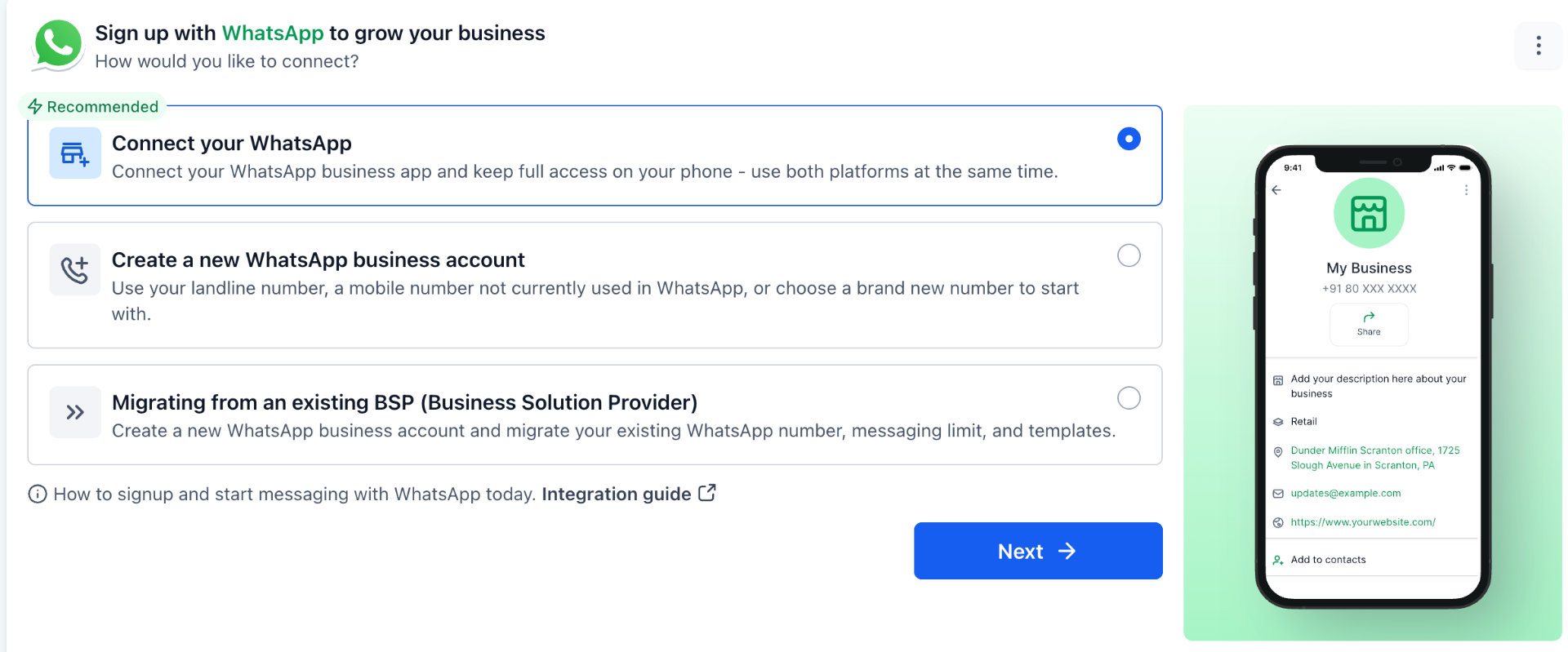 Tela da Meta para cadastrar o WhatsApp da empresa